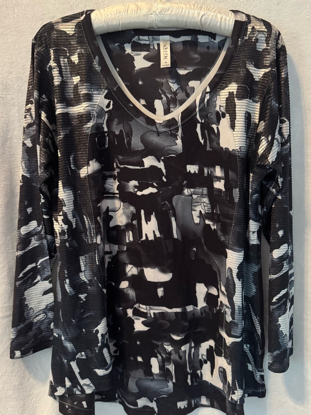 Cubism Black & White Abstract Print Long Sleeve Top